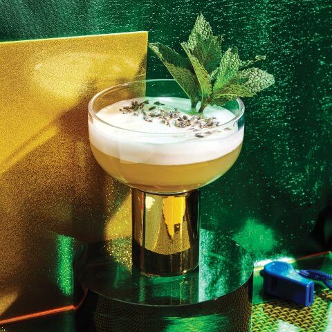 A cocktail i a coupe glass garnished with mint in front of a yellow-and-green backdrop
