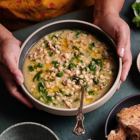 Bowl of white bean turkey chils, served hot for a cozy weeknight meal