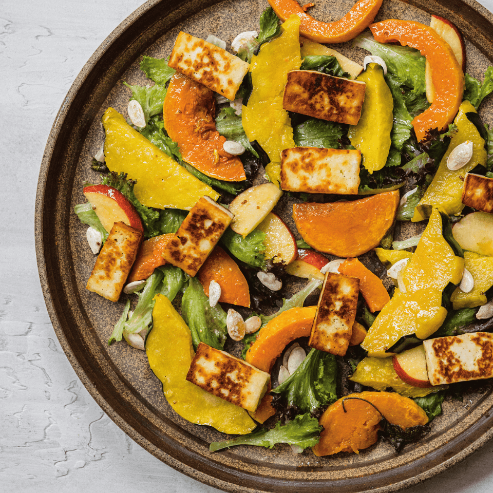 plate with slices of halloumi and squash