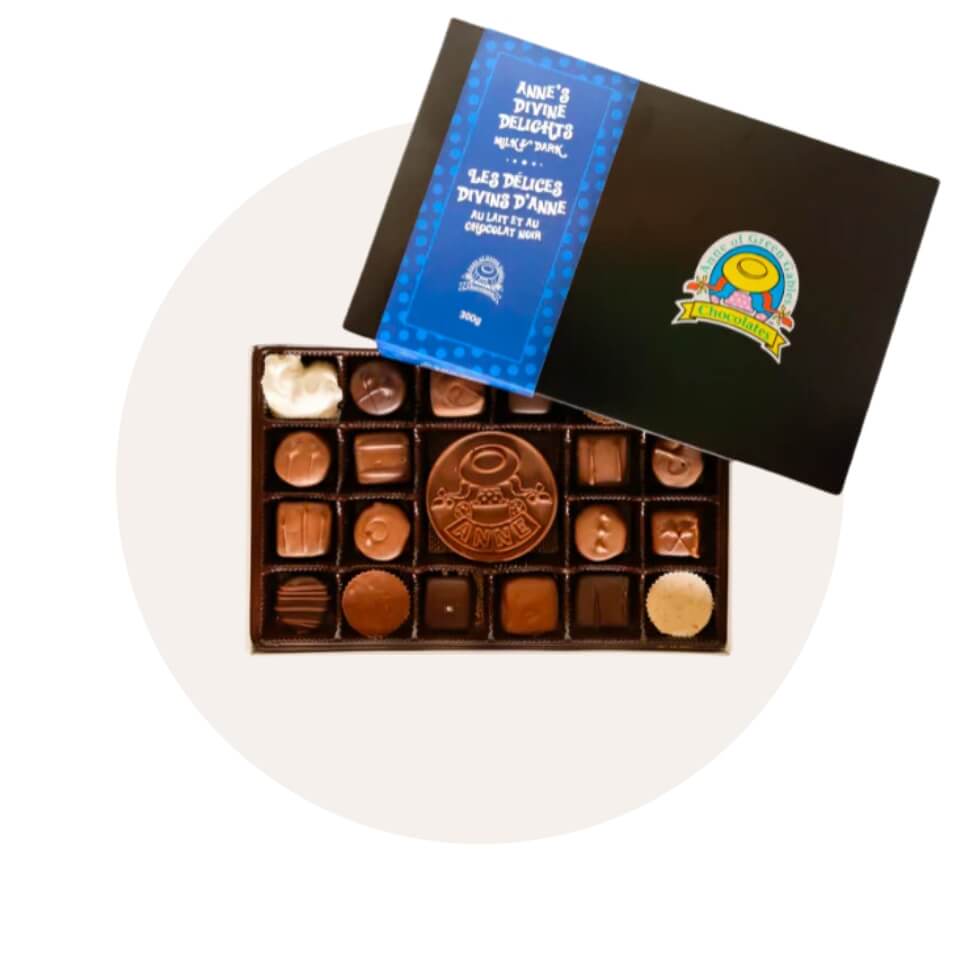 Box of chocolates over a cream-coloured circle