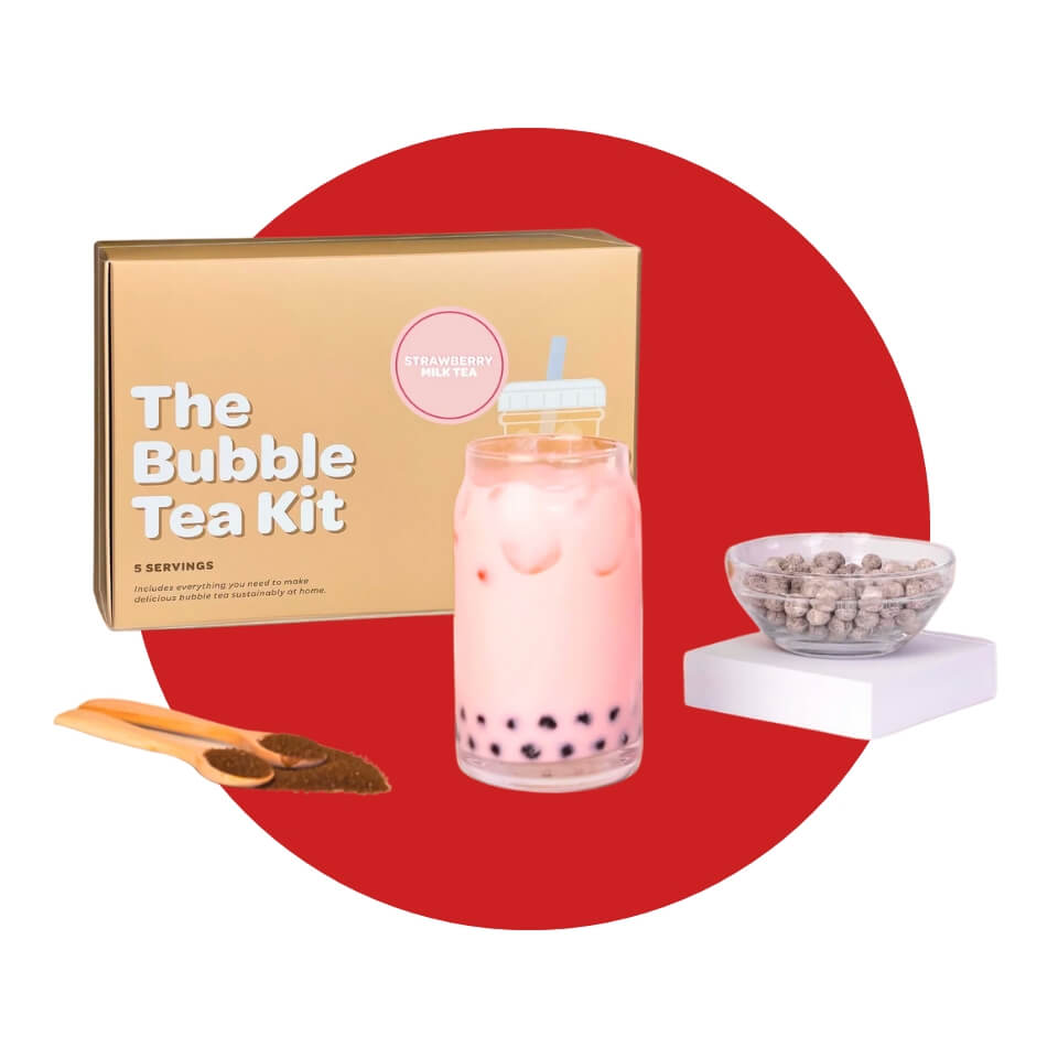 A bubble tea kit over a red circle
