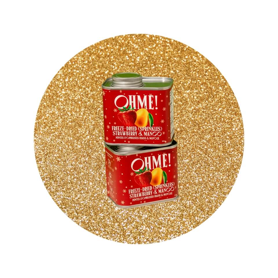 Two red canisters in a sparkly gold circle