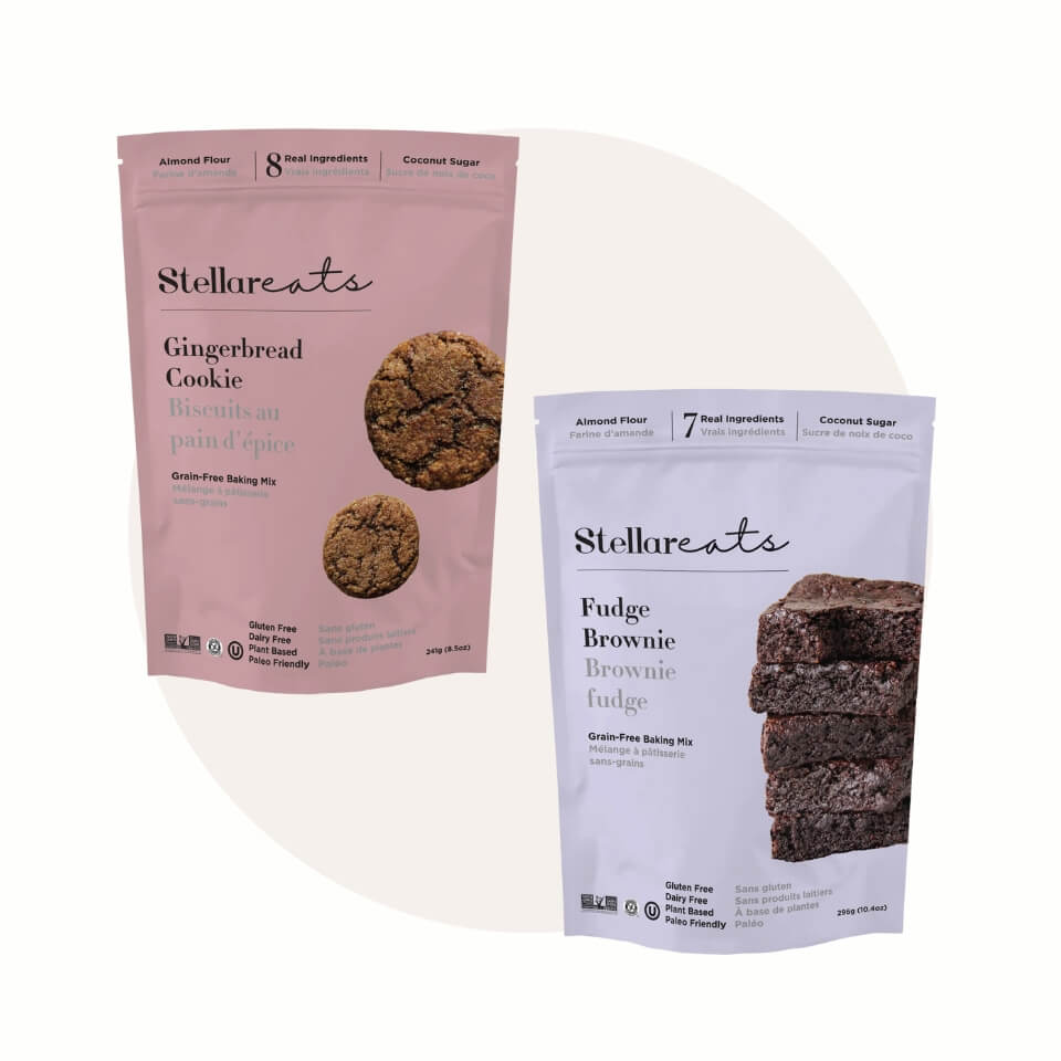 Two bags with dessert photos over a cream-coloured circle