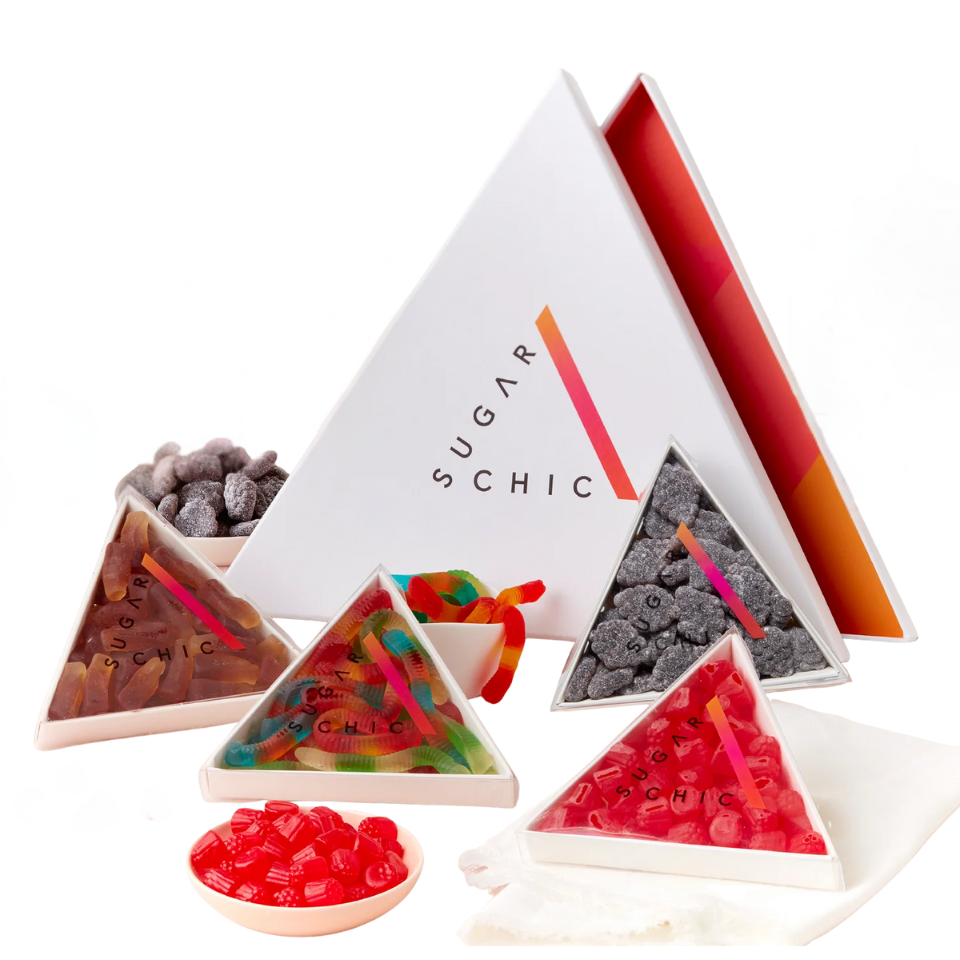 The Sweet Mix-Up Box by Sugar Chic brings together a playful assortment of fruity and nostalgic gummies