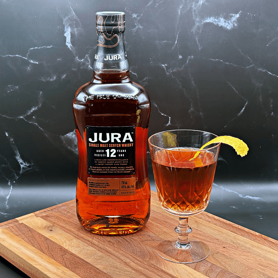 Bottle of Jura 12-Year-Old Single Malt and a Bobby Burns Cocktail