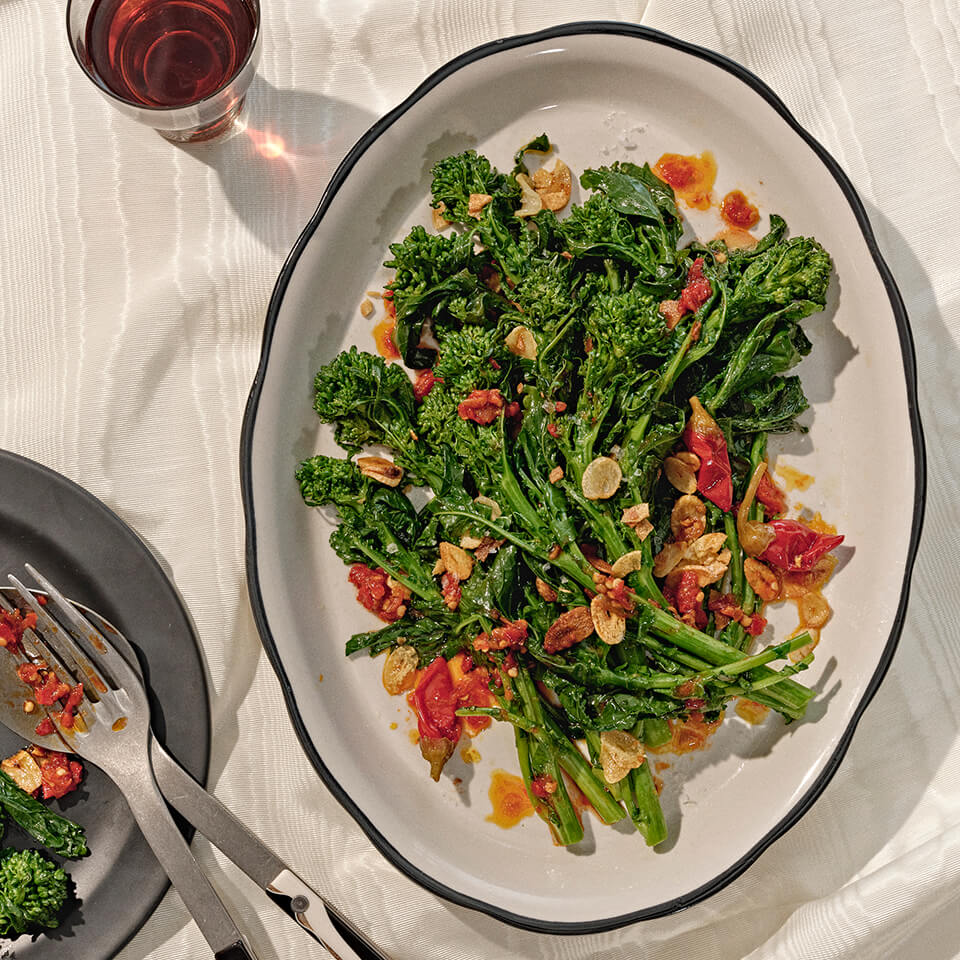 An oval-shaped platter with rapini