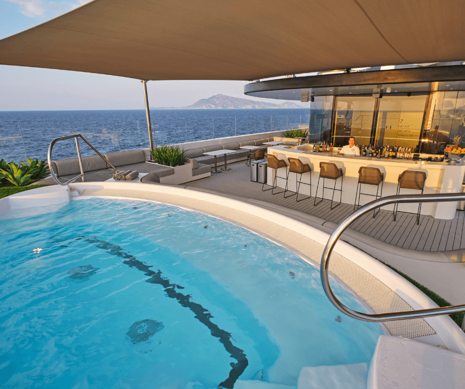View over the hot tub on the sakara yacht looking towards the bar