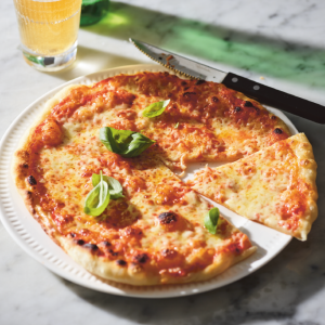 pizza with tomato sauce and cheese