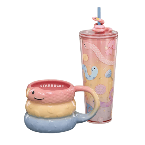 Fun coloured accessories from Starbucks with snake patterns on them