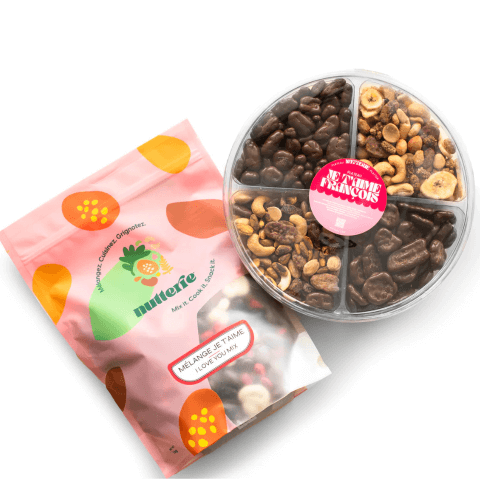 A collection of Canadian roasted nuts and dried fruits for valentine's day