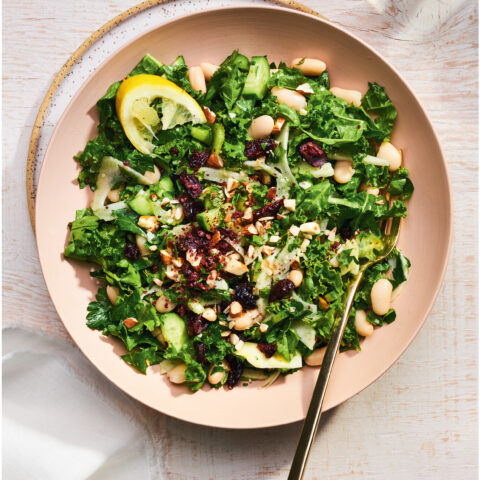Kale base salad with crunchy delicious toppings, perfect for breakfast