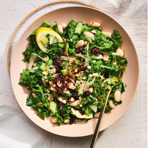Kale base salad with crunchy delicious toppings, perfect for breakfast