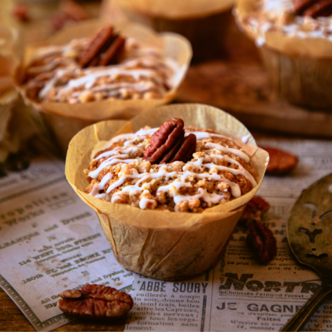 Pretty pecan coffe cake muffin topped with streusal