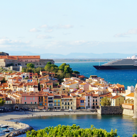 Scenic Eclipse anchored outside Collioure France