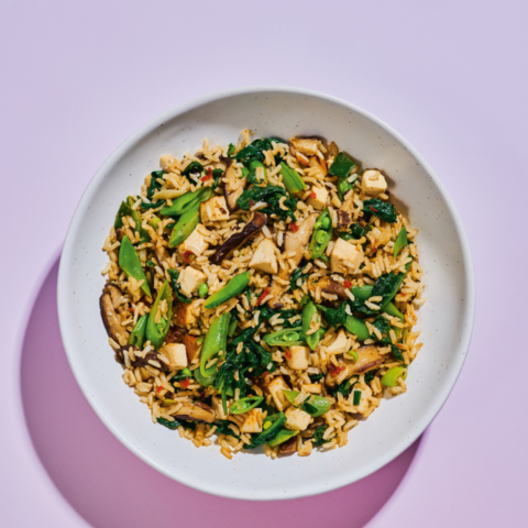 Shiitake mushroom fried rice with tofu and snap peas