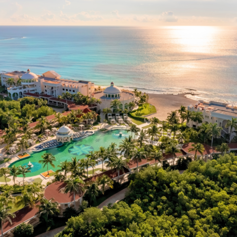 Overhead Iberostar image at sunset with gorgeous pool