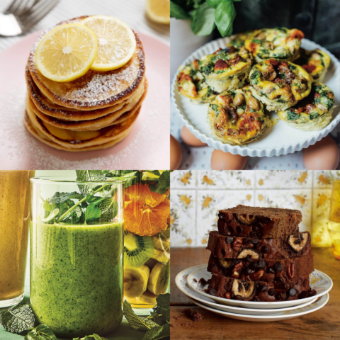 Grid showing lemon ricotta pancakes, egg bites, green smoothie and banana loaf.