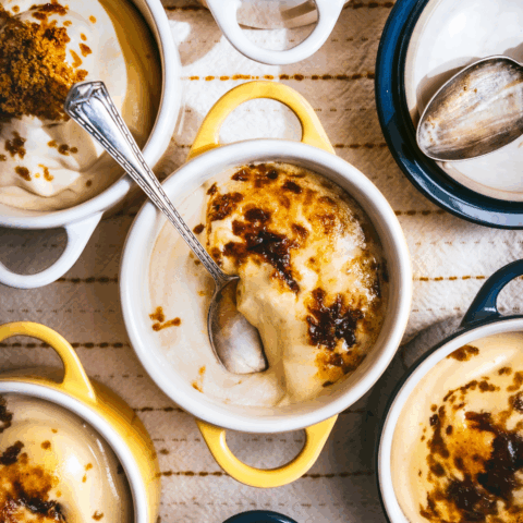 Brûléed Sugar Pie Mousse in yellow pot