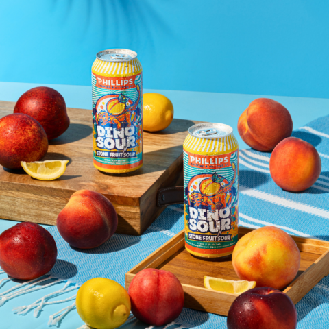 Dinosour stone fruit sour ale made in British columbia- two cans