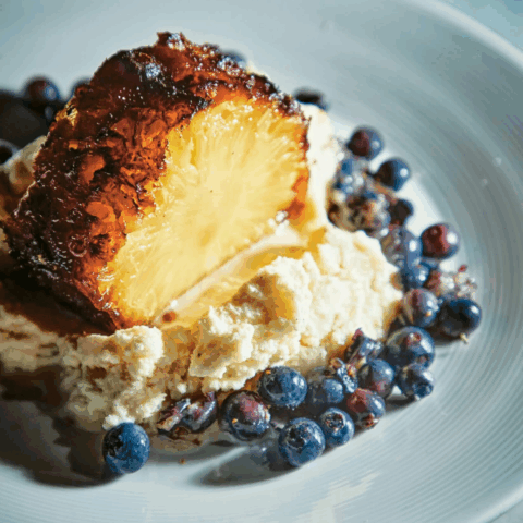 recipe for Roasted pineapple with ice cream and fresh blueberries