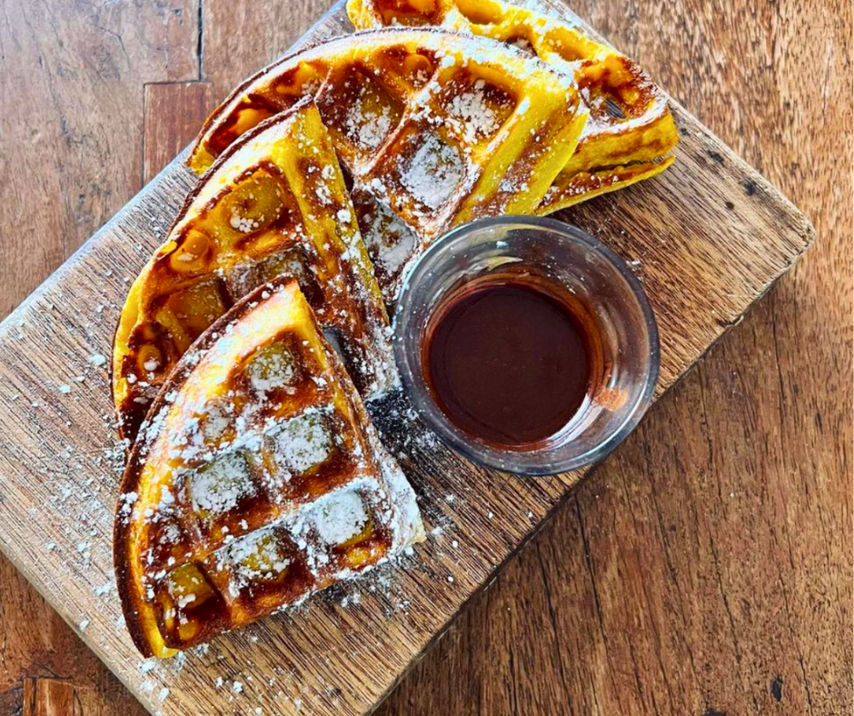 Serving of Pumpkin Waffles, Hofi Cas Cora, Curaçao shot overhead