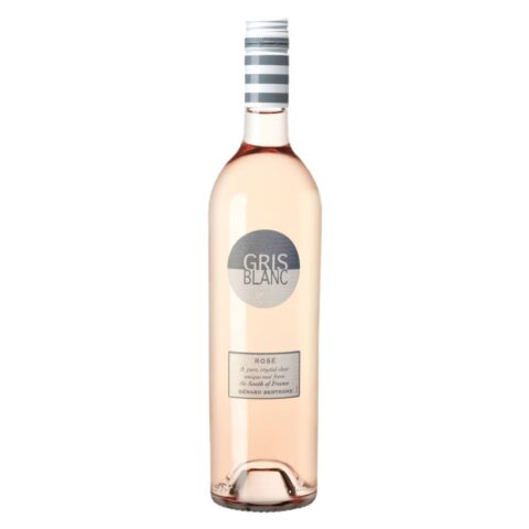 Clear bottle of organic rosé with a grey and white striped wrapper on top.