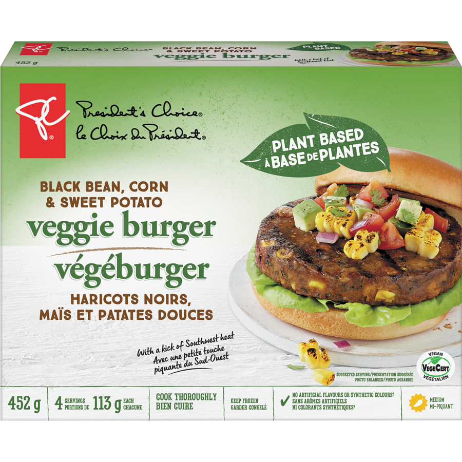 Packaging for Black bean, corn veggie burgers President's Choice