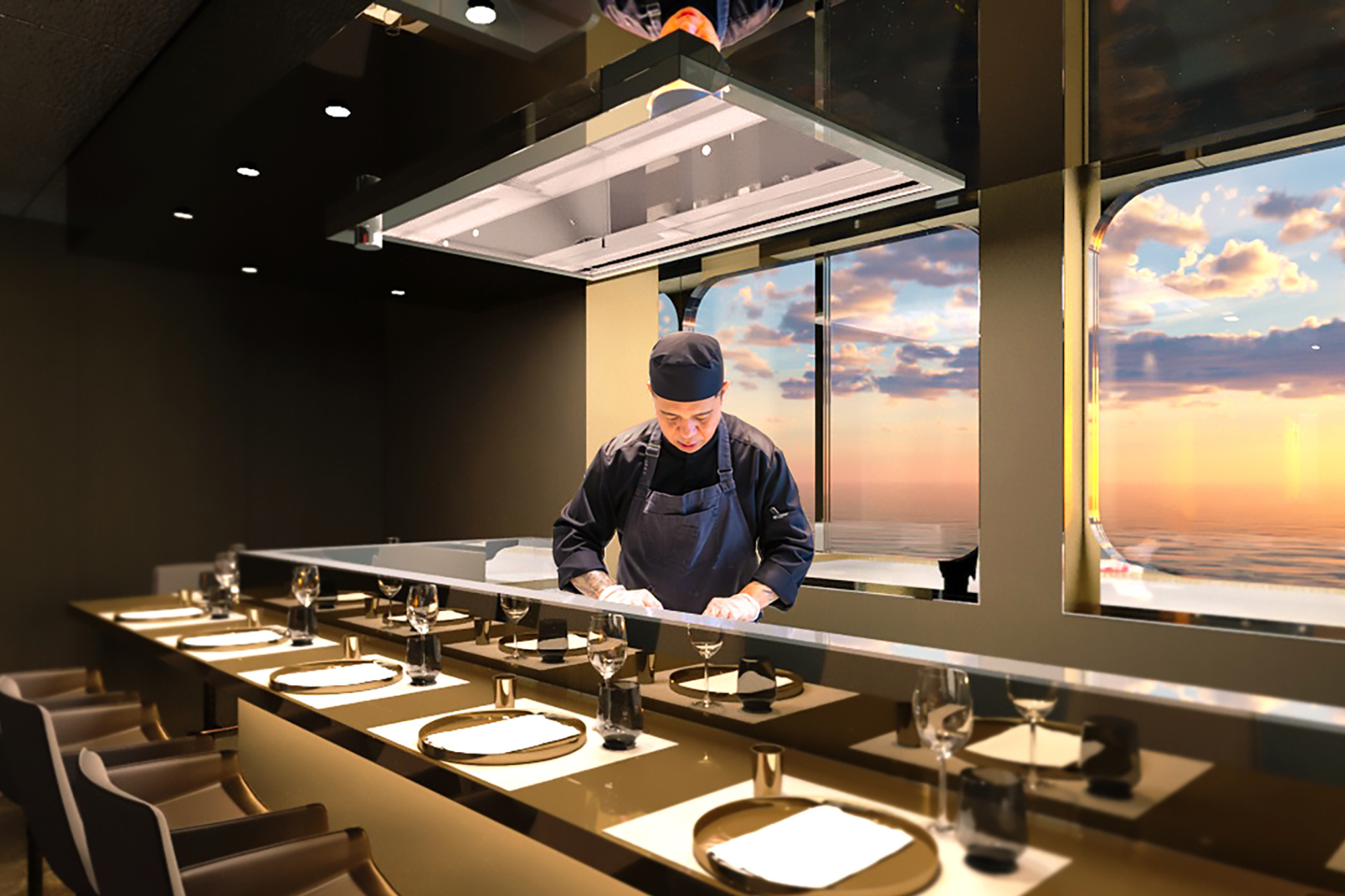 Chef cooking at the night market restaurant on the Emerald Yacht cruise ship