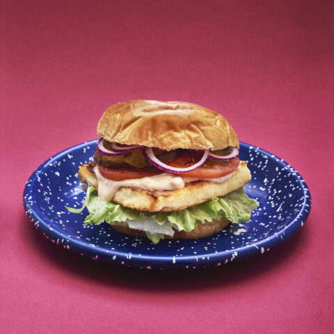 Vegetarian burger with halloumi, lettuce, tomato and onion on a blue speckled plate.