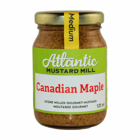 Clear jar of Atlantic Mustard Mill's Canadian Maple mustard.