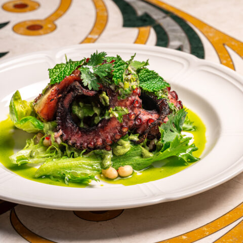 White plate topped with grilled octopus, potatoes, white beans and herbs in a green sauce.