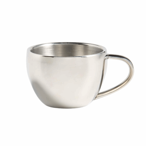 A silver stainless steel espresso cup.
