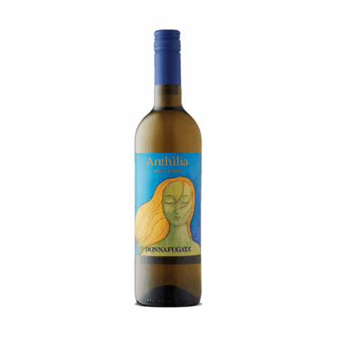 An amber bottle of wine with a blue label featuring an illustration of a woman with blonde hair.
