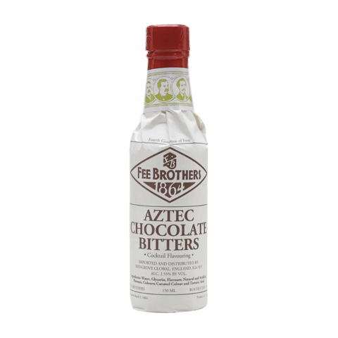 A white bottle of bitters with a red cap labelled "Aztec Chocolate Bitters."