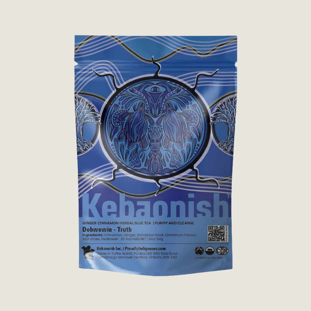 A blue package of tea with a black circular design.