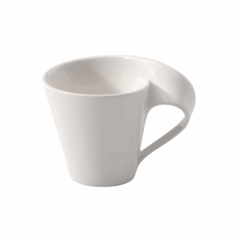 A white espresso cup with a wave-like handle.