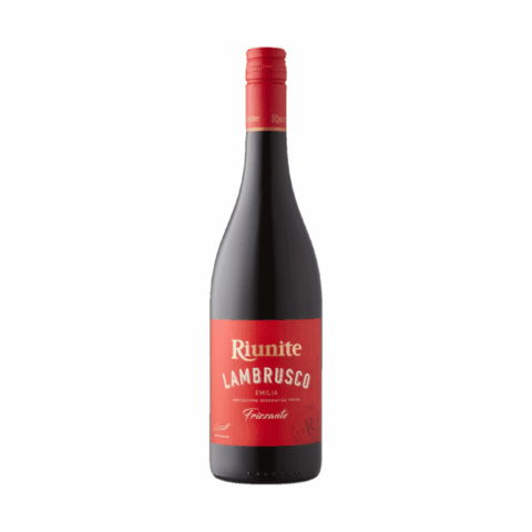 A black bottle of wine with a red label reading "Riunite Lambusco" with a red capsule.