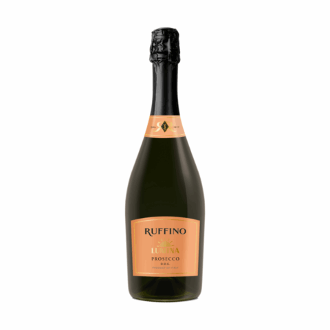 A black bottle of prosecco with an orange label reading "Ruffino."