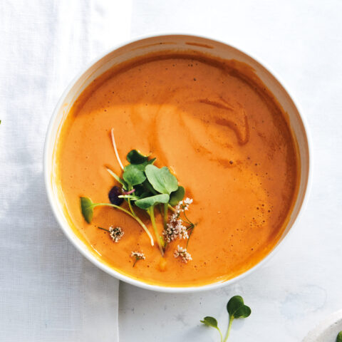 A bowl of creamy carrot soup topped with some microgreens.