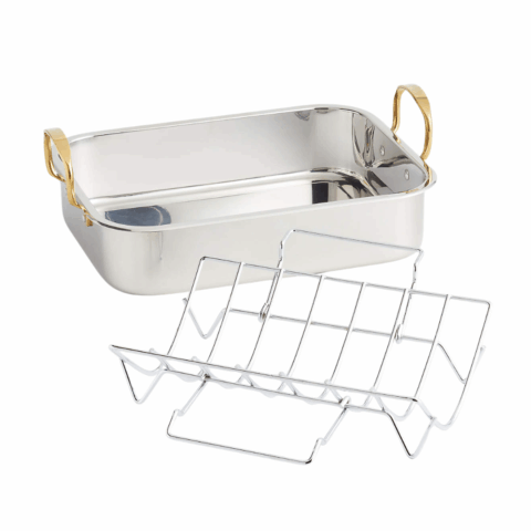 Silver roasting pan with gold handles and a removable V-rack.