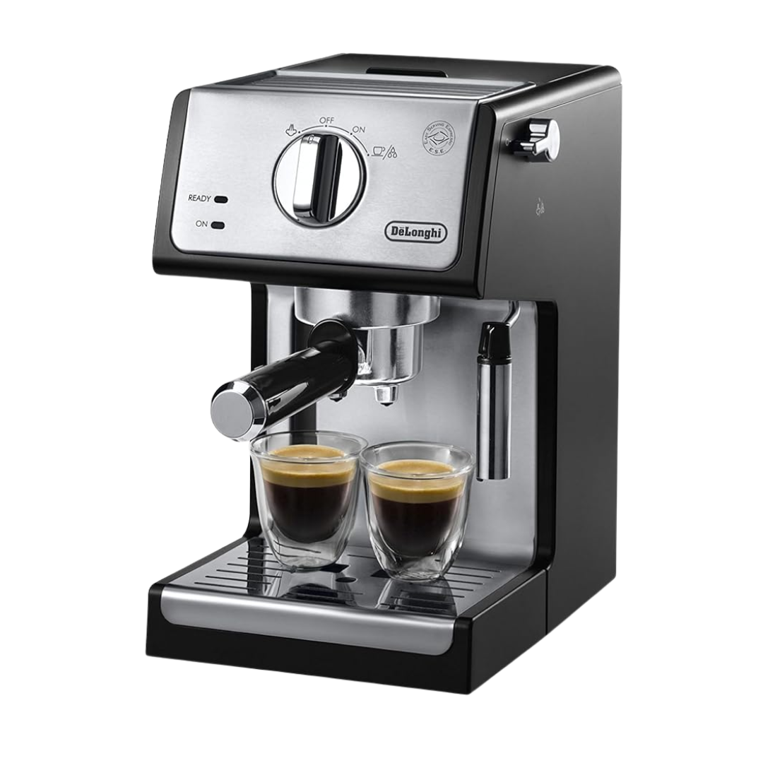 Silver espresso machine with two shots of espresso on the base.