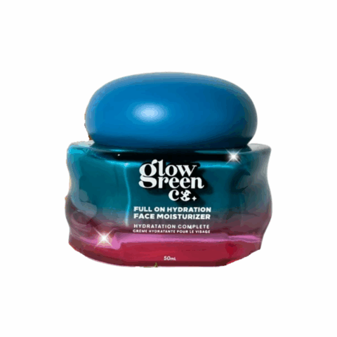 A blue and pink gradient container of moisturizer, with a round blue cap.