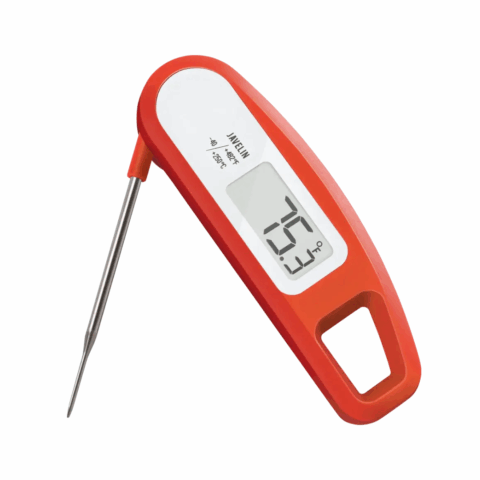 A red meat thermometer displaying 75.3 degrees fahrenheit.