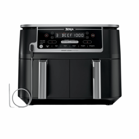 A black air fryer with two baskets.