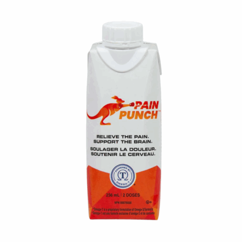 A white and orange bottle labelled "PAIN PUNCH" with a kangaroo logo.
