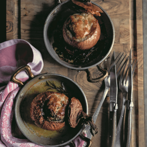 Elegant Baked Stuffed Onions served in vintage pewter dishes