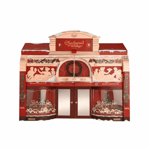 A red box designed to look like a storefront with clear windows.