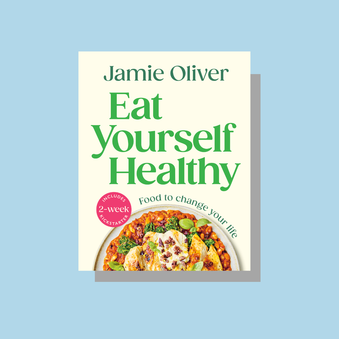 The cover of Jamie Oliver's Eat Yourself Healthy cookbook.