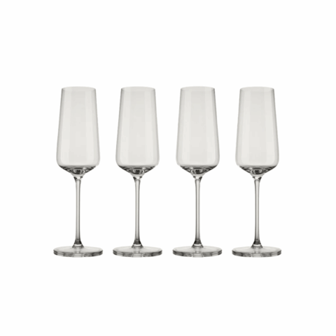 Four clear flute glasses.