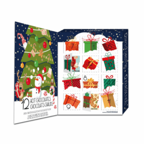 An open advent calendar with present illustrations over each of the 12 compartments.